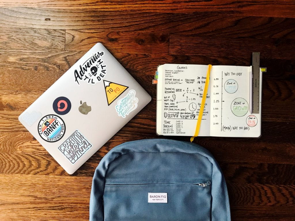 A flat lay of a backpack, laptop, notebook, and pencil.