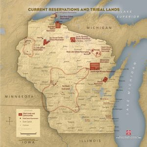 A map of Wisconsin's modern day reservations and Tribal lands, from Wisconsin First Nations.