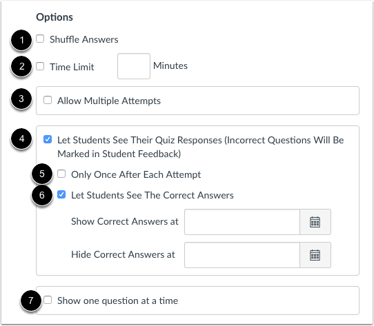The options an instructor can set regarding what students can see
