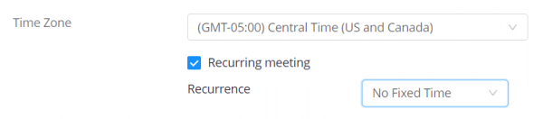 The "recurring meeting" box is check in the Zoom settings and the recurrence dropdown is set to "no fixed time"