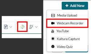The "Kaltura" button in the Canvas Rich Content Editor, along with the "Add New" media dropdown menu