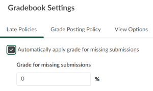The Canvas gradebook settings with the "late policy" tab selected; a box is checked and the default grade for missing submissions is set to "0"
