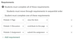 Screenshot of the the Edit Module Settings menu with the example requirements for Module 1 set up