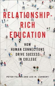 "Relationship-Rich Education" book jacket which depicts an aerial shot of people traversing across a concrete surface, connected by thin black lines
