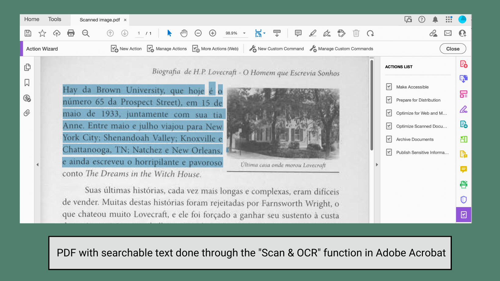 Screenshot of a scanned image of a book page in Adobe Acrobat. Blue highlight overlays a paragraph showing each word is scannable. Below the image, there is a text box that reads 'PDF with searchable text done through the Scan & OCR function in Adobe Acrobat.'