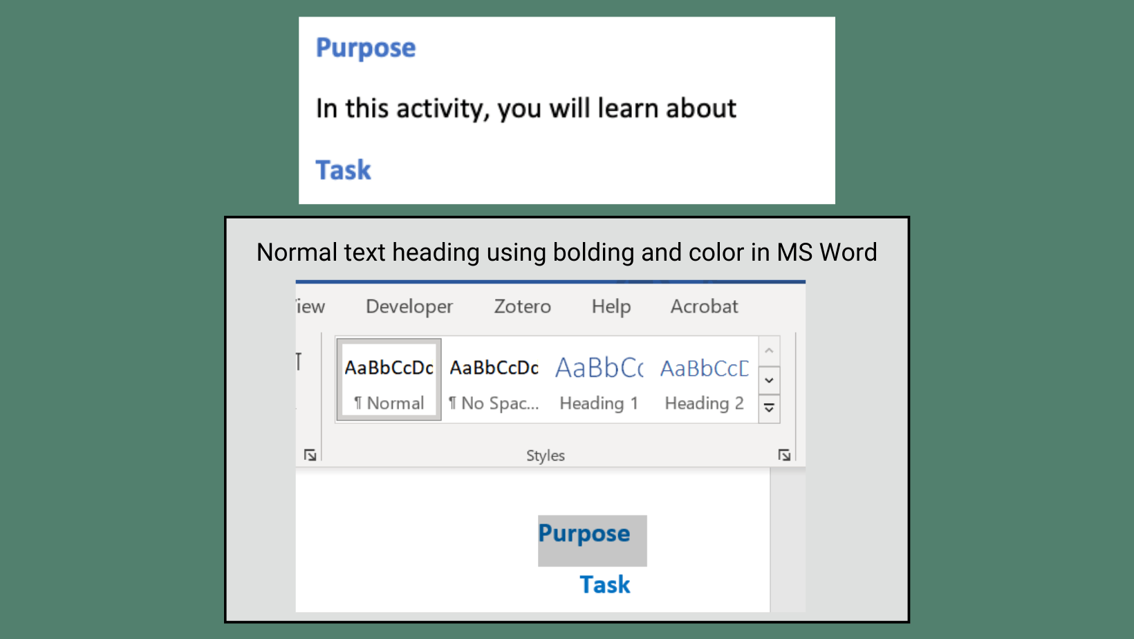 Image containing two screenshots. The first screenshot shows a document with the word ‘Purpose’ emphasized in blue and bolded text. Below ‘Purpose’ is plain black text that reads, ‘In this activity, you will learn about.’ The document ends with the word ‘Task’ also emphasized in blue and bolded text. The second screenshot displays the text style pane in Microsoft Word. It indicates that the text in the screenshot is formatted with the ‘Normal’ text style.