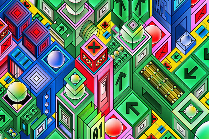 A colorful, geometric, and somewhat abstract illustration featuring buildings and streets covered with arrows, numbers, and the text "AI"