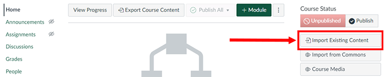 Screenshot of a Canvas course home page with the Import Existing Content button highlighted