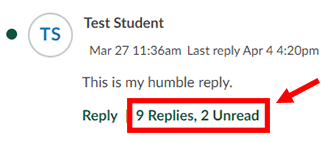 A Canvas discussion reply. The link that can be selected to reveal threaded replies is highlighted and reads, "9 Replies, 2 Unread"