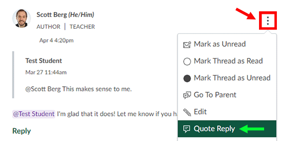 Screenshot of the Quote Reply option on a reply. The options menu icon and Quote Reply option are highlighted.