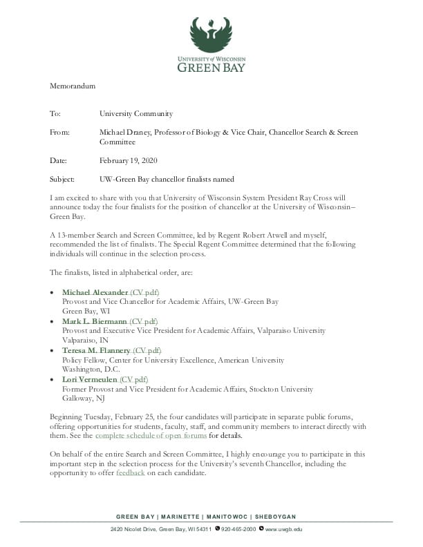 Memo: UW-Green Bay chancellor finalists named