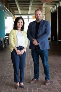 Associate Professors Sawa Senzaki (left) and Jason Cowell on the UW-Green Bay campus