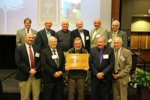 Charles Rhyner retired from UW-Green Bay in 2001 as Chair of Natural and Applied Sciences. Here he is pictured at the 2016 Earth Caretake awards with other faculty including (top row left to right) Former Provost Greg Davis, Paul Sager, James Wiersma, Robert Wenger, Ronald Starkey, Leander Schwartz; and (bottom row, left to right) Dean John Katers, Charles Rhyner, Hallett ‘Bud’ Harris, Keith White, Harold ‘Jack’ Day.