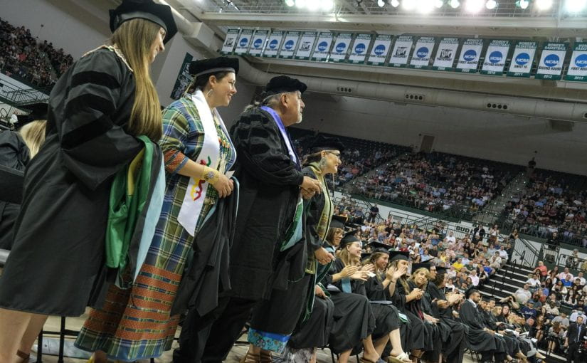 UW-Green Bay presented its first doctorate degrees in 2022 to four students receiving the Education Doctorate (Ed.D.) in First Nations Education. From left are Yekuhsiyo Rosa King, Crystal Leah Tourtillott Lepscier, Artley Murray Skenandore Jr. and Vicki Lee Young.